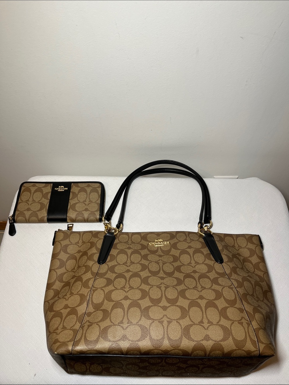 Coach Ava tote bag & wallet signature canvas, saddle leather trim, gold hardware